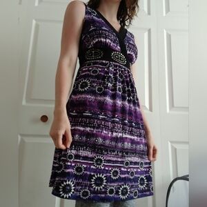 Iz Byer Purple Black Smocked Pencil Midi Dress